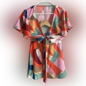 **NEW** Colorful Geometric 2-Piece Skirt and Cropped Front tie Top